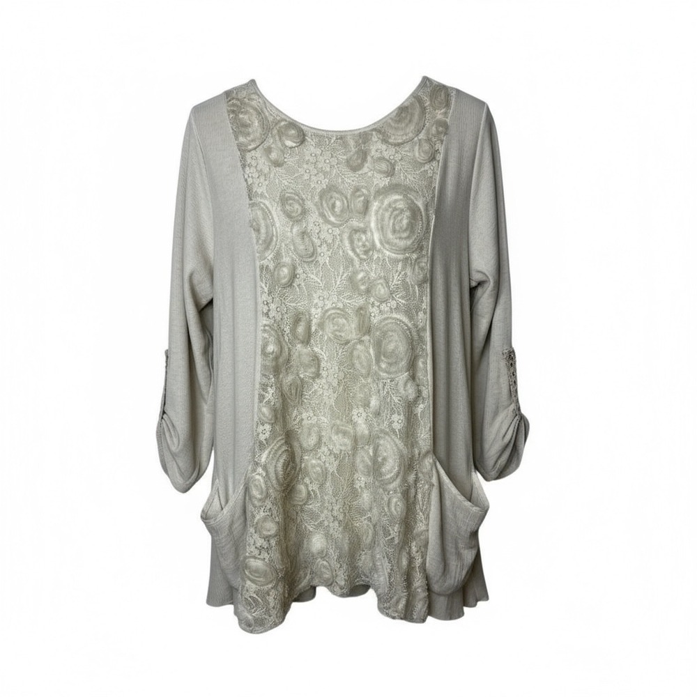 Ali Miles Womens‎ Boho Tunic Top Size Large Beige 3/4 Sleeve Lace Knit Pockets